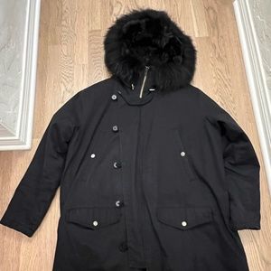 The Kooples Technical Cotton Parka with  Raccoon Fur Hood Coat Black Medium